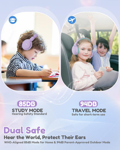 acer Kids Bluetooth Headphones, 85/94dB Volume Limiter, Foldable Wireless Over-Ear Headphones for iPad, Travel, 60H Playtime, Bluetooth 6.0, Built-in Mic, Purple Green, OHR668