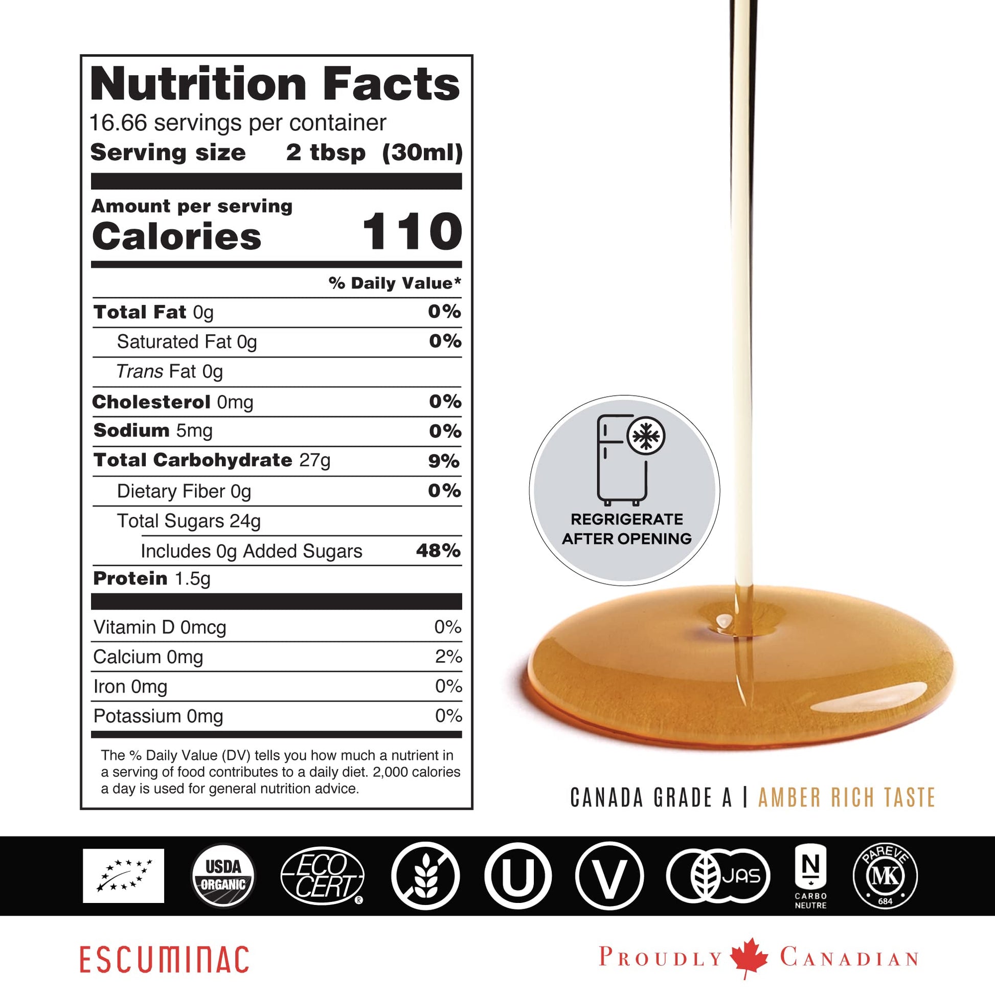 Escuminac Single Forest Maple Syrup – 500ml | Grade A Amber, Certified Organic, Pure Canadian