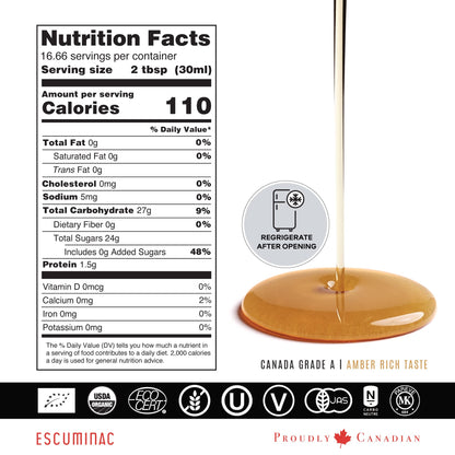 Escuminac Single Forest Maple Syrup – 500ml | Grade A Amber, Certified Organic, Pure Canadian