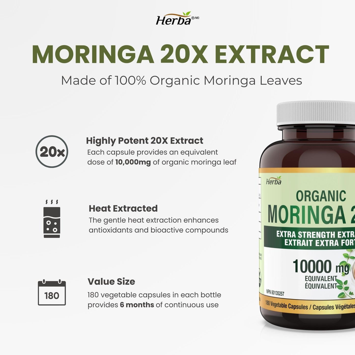 Herba 10,000MG Organic Moringa Capsules – 180 Count | Ultra Potent - 20:1 Extract | Made in Canada | Pure Moringa Capsules using Organic Moringa Powder - Available at All In One Marketplace Canada
