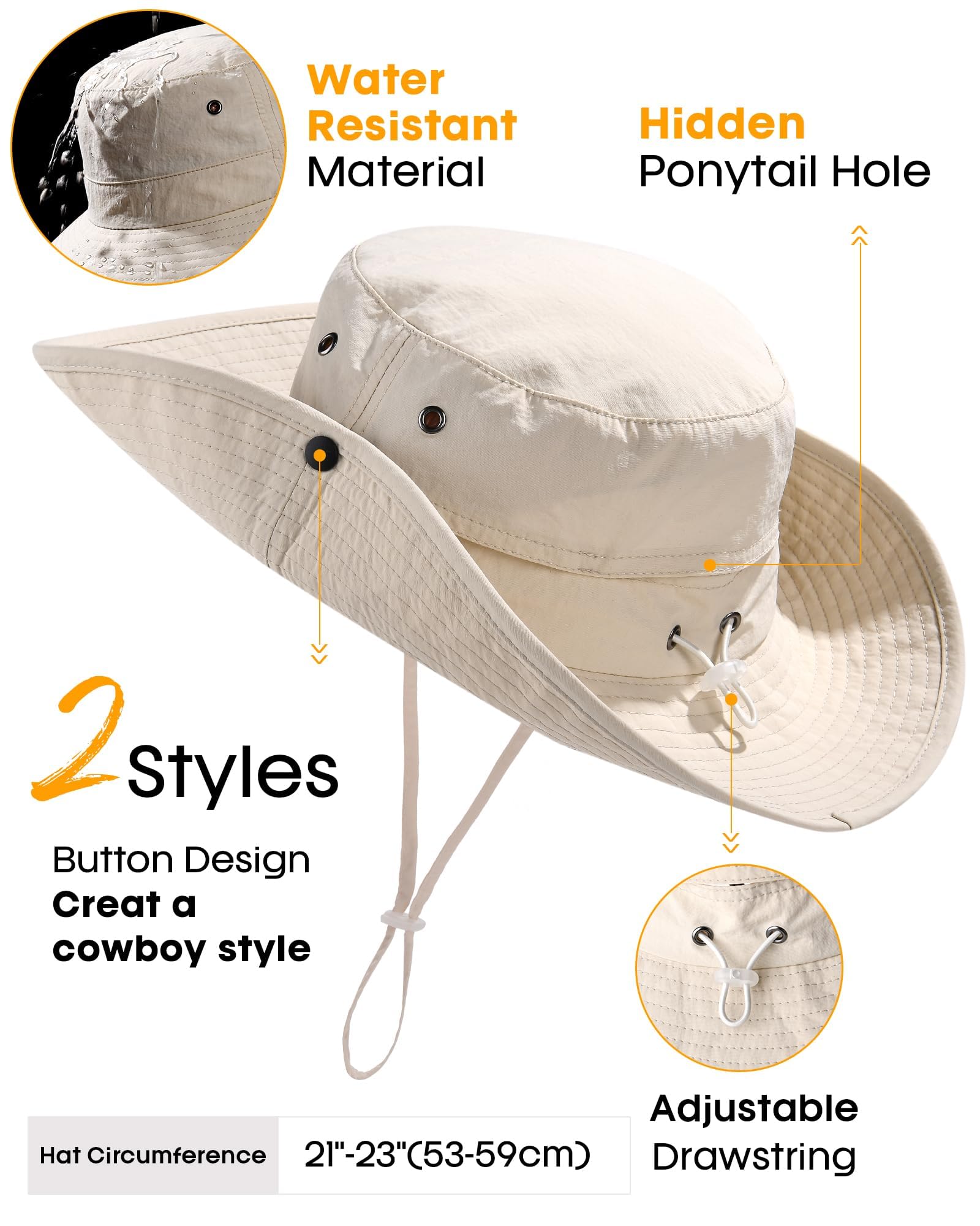 FURTALK Sun Hat for Women Men UV Protection Safari Hat Womens Summer Wide Brim Packable UPF50 Hiking Fishing Cowboy Style hat Beige