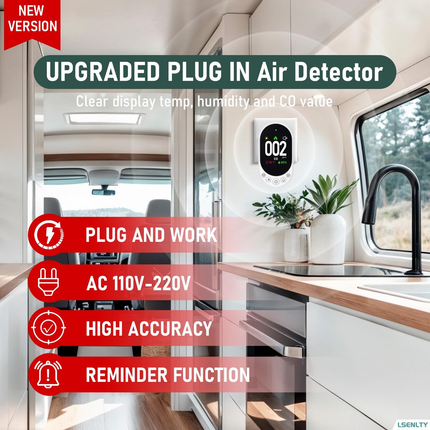 LSENLTY Carbon Monoxide Detector Plug in, Portable CO Monitor for Travel, Air Quality Detector Check CO, Temp and Humidity, HD Screen&Indicator, Visual&Audible Alert for Camping Travel