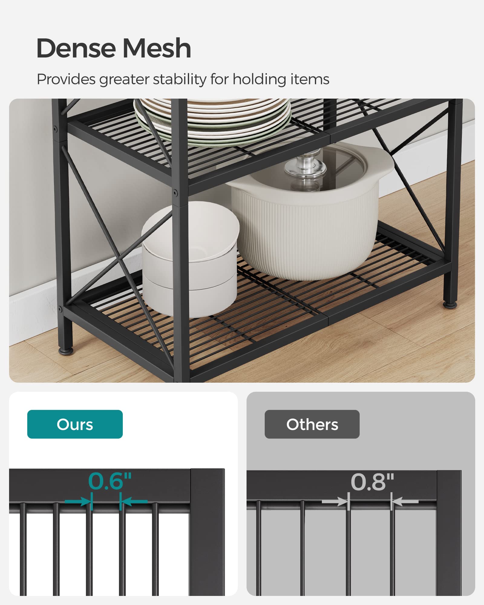 SONGMICS 5-Tier Metal Storage Rack, Shelving Unit with X Side Frames, Dense Mesh, 12.6 x 23.6 x 57.3 Inches, for Entryway, Kitchen, Living Room, Bathroom, Industrial Style, Ink Black UBSC165B01 SONGMICS