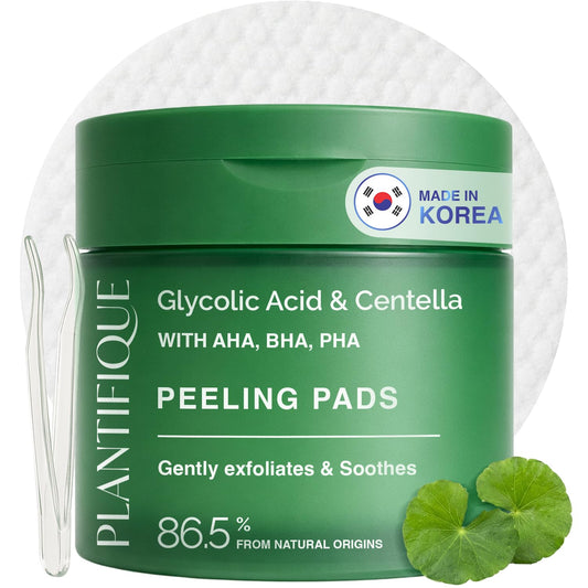 PLANTIFIQUE Korean Glycolic Acid Pads with CICA, Niacinamide 60 Pcs - AHA, BHA, PHA Exfoliating Formula for Gentle Skin Renewal - Toner Pads All Skin Types - Refillable Container - Available at All In One Marketplace Canada