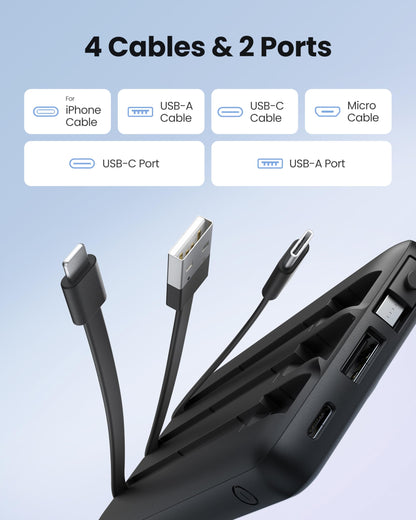 Coowisty Slim Power Bank 10000mAh, Portable Charger Built in 4 Cables