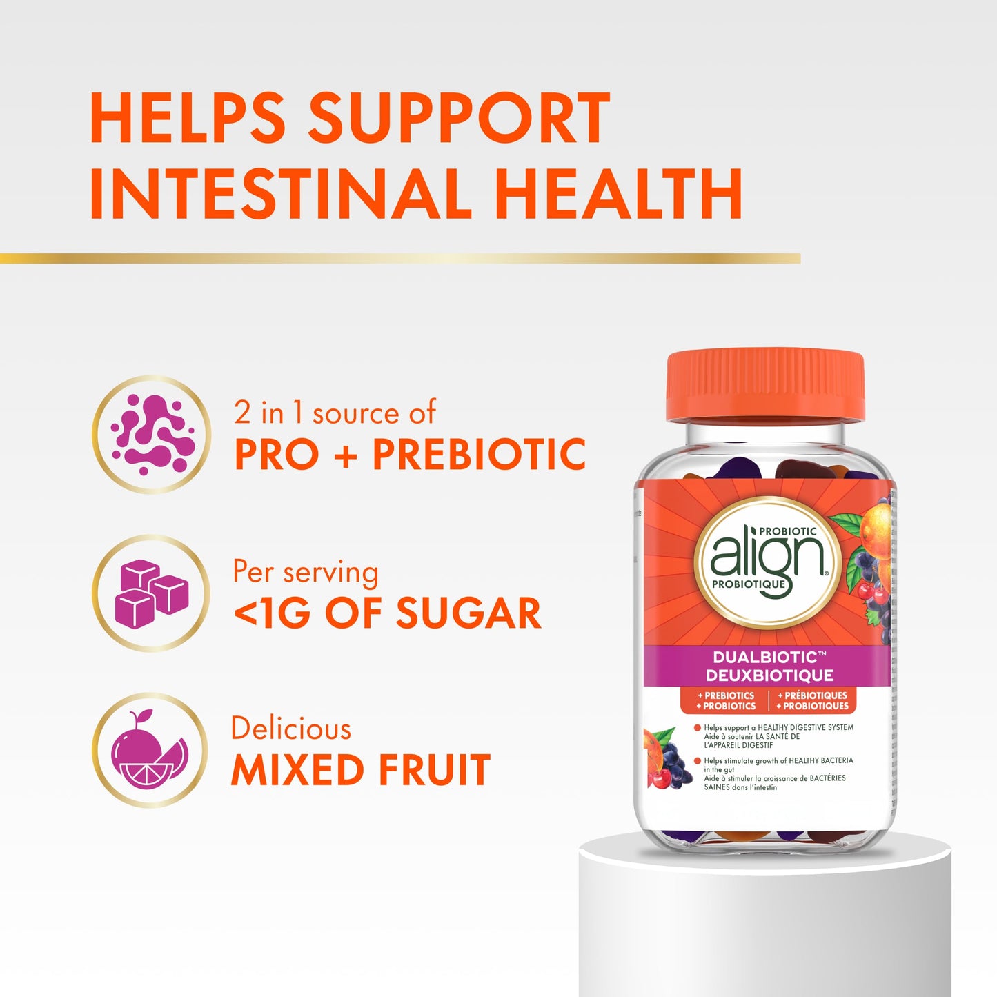 Align DUALBIOTIC PREbiotic + PRObiotic Gummies for Women & Men, Helps Support a Healthy Digestive System, Made With Naturally Fruit Flavours, 60 Count - Available at All In One Marketplace Canada