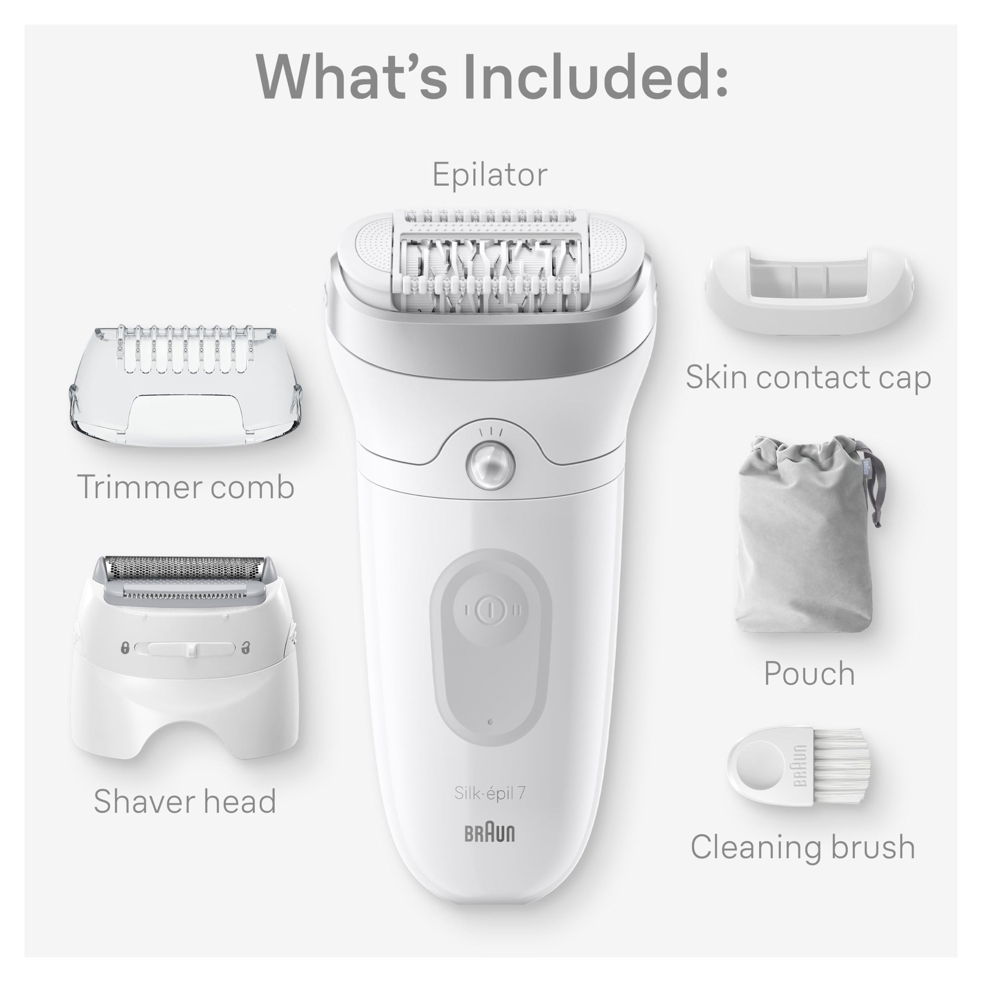 Braun Silk-épil 7 Epilator, Wet and Dry, Wide Head, Includes Shaver Head and Trimmer Comb, SE7-041, Silver - Available at All In One Marketplace Canada