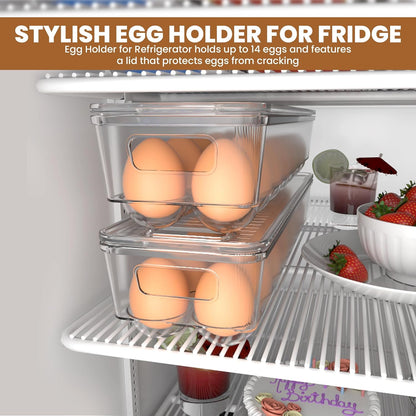 KICHLY Pack of 2 - Egg Basket for fridge - Egg Holder for Fridge - 14 Egg Container With Lid & Handle, Egg Container For Refrigerator, Stackable Plastic Egg Tray with Lids (Clear) - Available at All In One Marketplace Canada