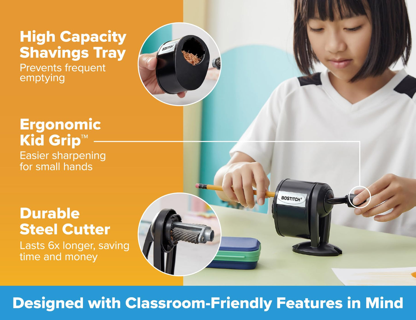 Bostitch Office Wall Mount Manual Pencil Sharpener, Tip Saver, 8 Hole Dial, 6X Longer Cutter Life, Vertical or Horizontal Mounting Black (MPS1-BLK) Bostitch