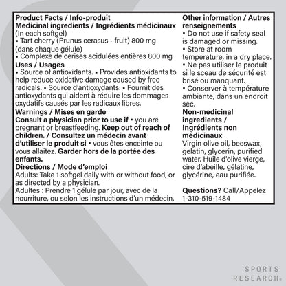 Sports Research® Tart Cherry Concentrate - Made from Organic Montmorency Tart Cherries - Fruit Complex - Non-GMO & Gluten Free Formula - 60 Liquid Softgels for Daily Use - Available at All In One Marketplace Canada