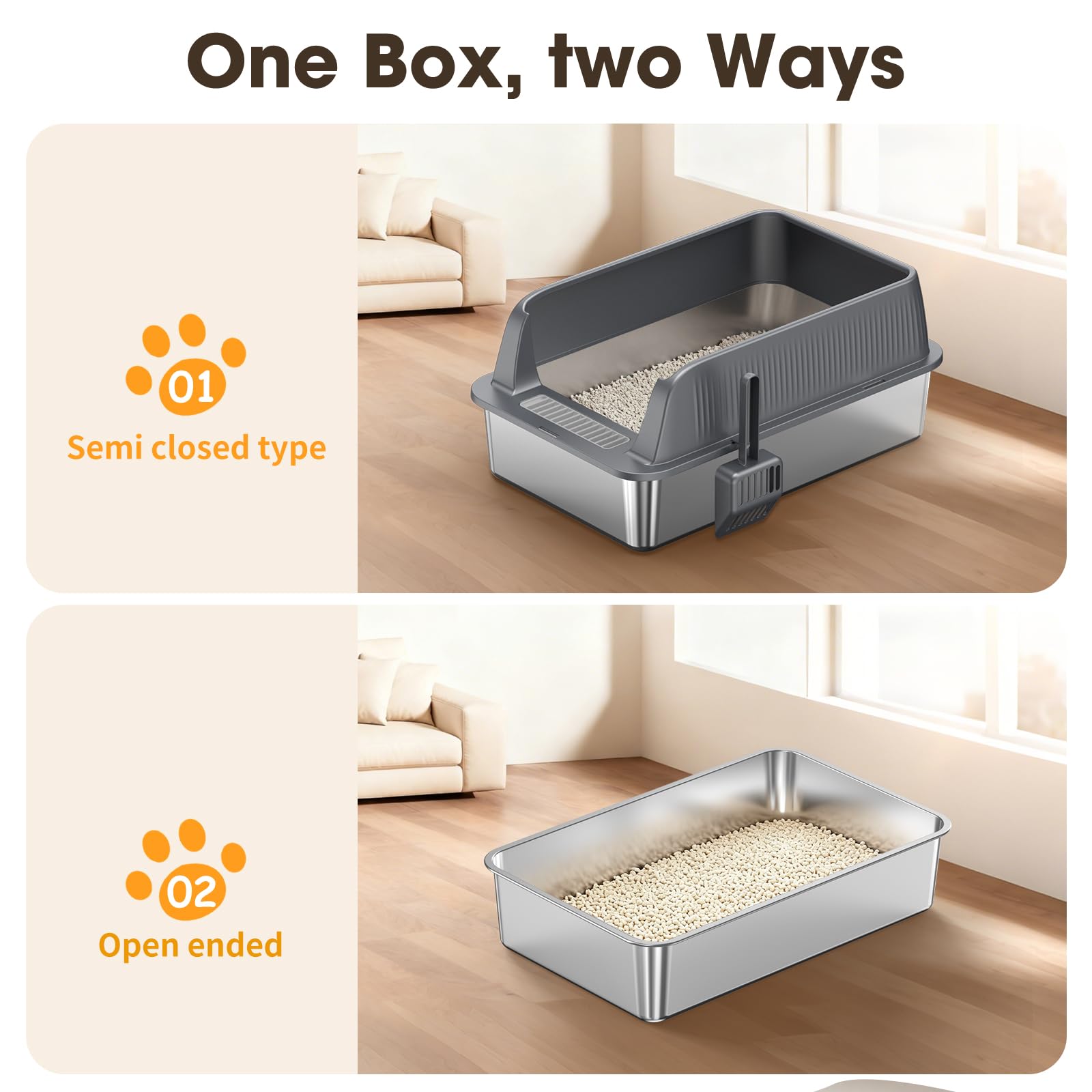 XL Stainless Steel Cat Litter Box with High Sides Lid, Large Litter Box for Big&Multiple Cats, Metal Kitty Litter Boxes with Anti-Leakage Enclosure,Non-Stick,Scoop Included - Available at All In One Marketplace Canada