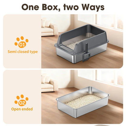 XL Stainless Steel Cat Litter Box with High Sides Lid, Large Litter Box for Big&Multiple Cats, Metal Kitty Litter Boxes with Anti-Leakage Enclosure,Non-Stick,Scoop Included - Available at All In One Marketplace Canada