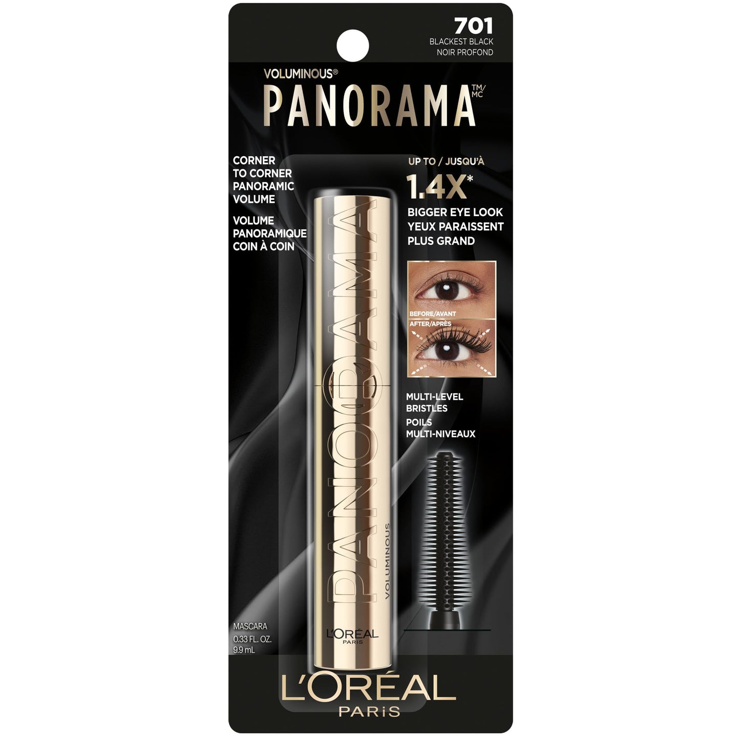 L’Oréal Paris Voluminous Panorama Mascara, Volumizing and Lengthening Mascara, Washable Longwear and Smudge Resistant Make Up, Blackest Black, 0.33 Fl Oz