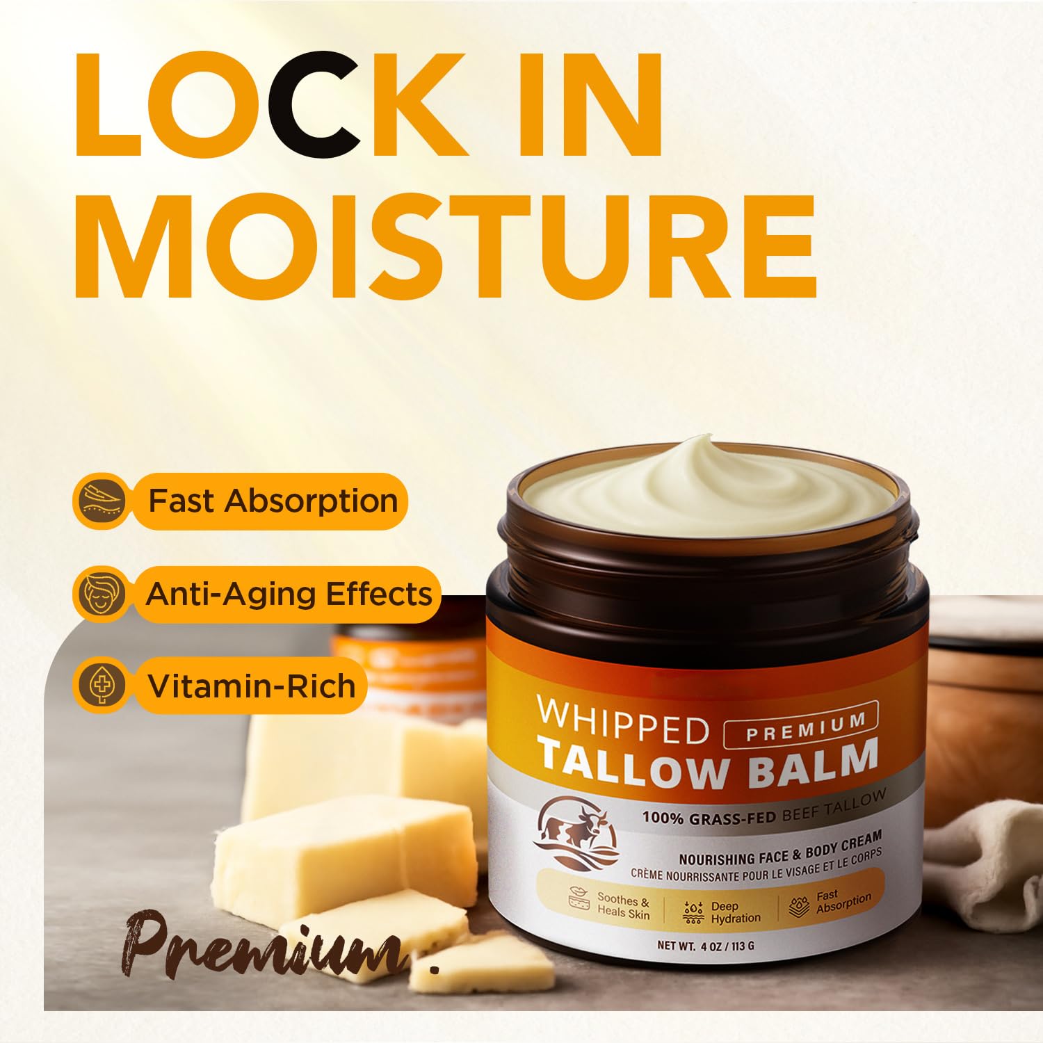 Beef Tallow Skincare Moisturizer for Face: 100% Grass-Fed Beef Tallow Balm - All Natural Tallow Face Cream Soft Smooth for Eczema and Dry Skin 4oz - Available at All In One Marketplace Canada