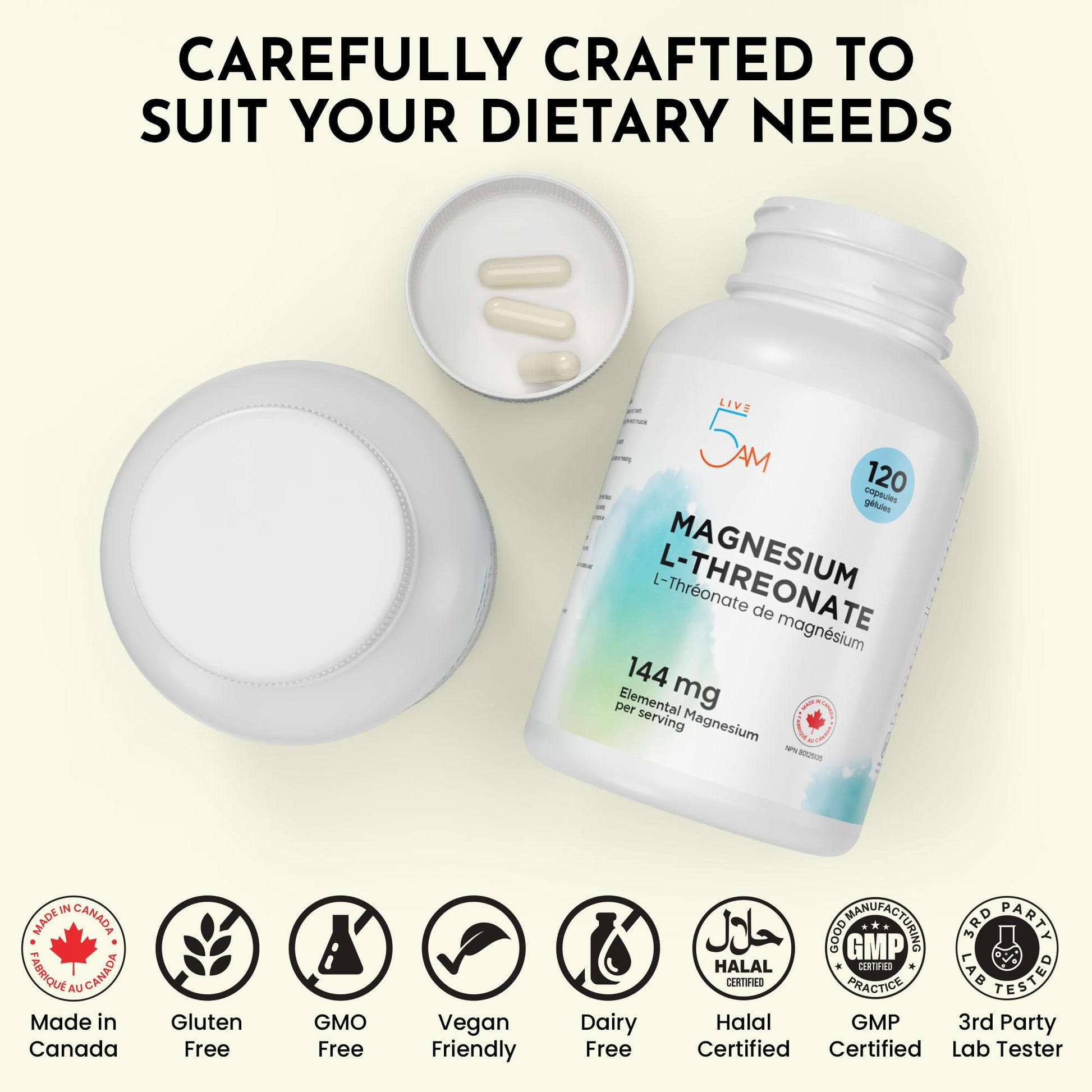 Live 5AM Magnesium L-Threonate | 144 mg Elemental Magnesium per 3 Capsules, Helps in Energy Metabolism, Bone and Teeth Maintenance, Muscle Function and Electrolyte Balance, 120 Vegan Capsules, Made in Canada - Available at All In One Marketplace Canada