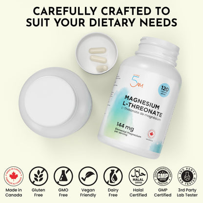 Live 5AM Magnesium L-Threonate | 144 mg Elemental Magnesium per 3 Capsules, Helps in Energy Metabolism, Bone and Teeth Maintenance, Muscle Function and Electrolyte Balance, 120 Vegan Capsules, Made in Canada - Available at All In One Marketplace Canada