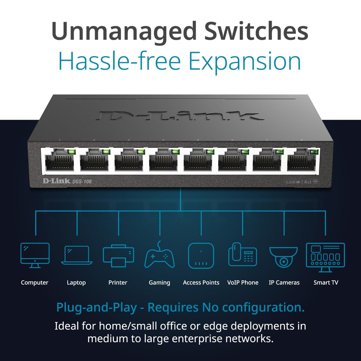 D-Link DGS-108, 8 Port Gigabit Ethernet Switch Unmanaged, Network Splitter, Silent Fanless, Network Hub, Sturdy Metal with Shielded Ports, Compact Desktop/Wall Mount, QoS, Energy Saving, Plug and Play D-Link