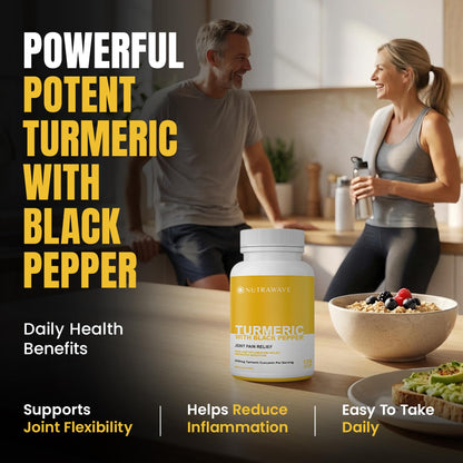 Nutrawave HIGH POTENCY TURMERIC CURCUMIN + BLACK PEPPER EXTRACT – Powerful 3700mg per Serving (2 capsules), Source of Anti-Inflammatory and Antioxidants. Joint Pain Relief, Improved Liver Function. Non-GMO, Vegan, Gluten Free. Zero Additives, Easy to Swal - Available at All In One Marketplace Canada