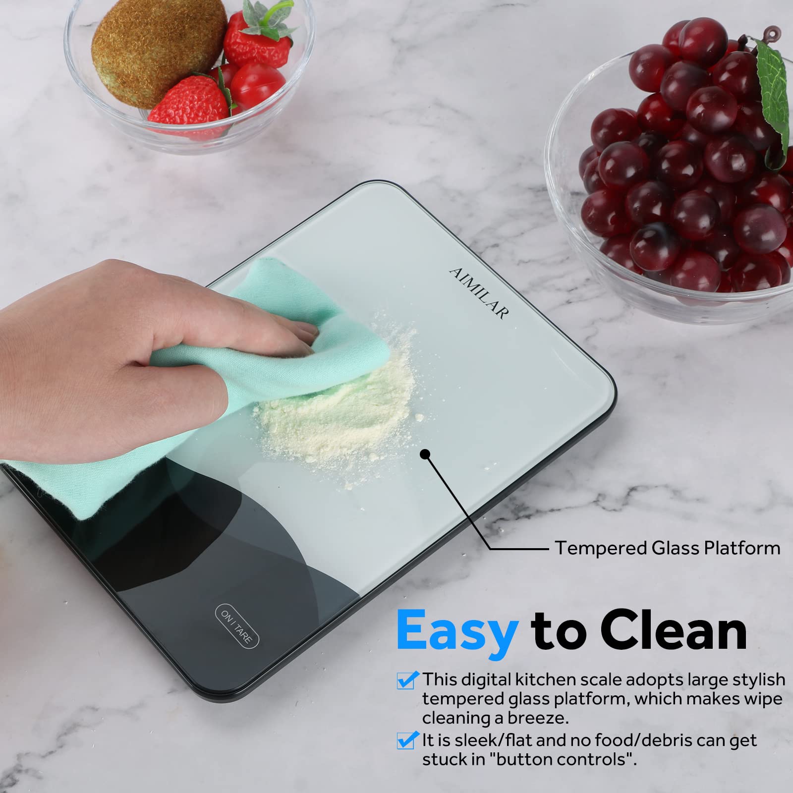 AIMILAR Digital Kitchen Scale 22lb/10kg USB-C Rechargeable, Tempered Glass Top Easy Clean, LED Touch Screen No Buttons, Auto Shut Off - Available at All In One Marketplace Canada