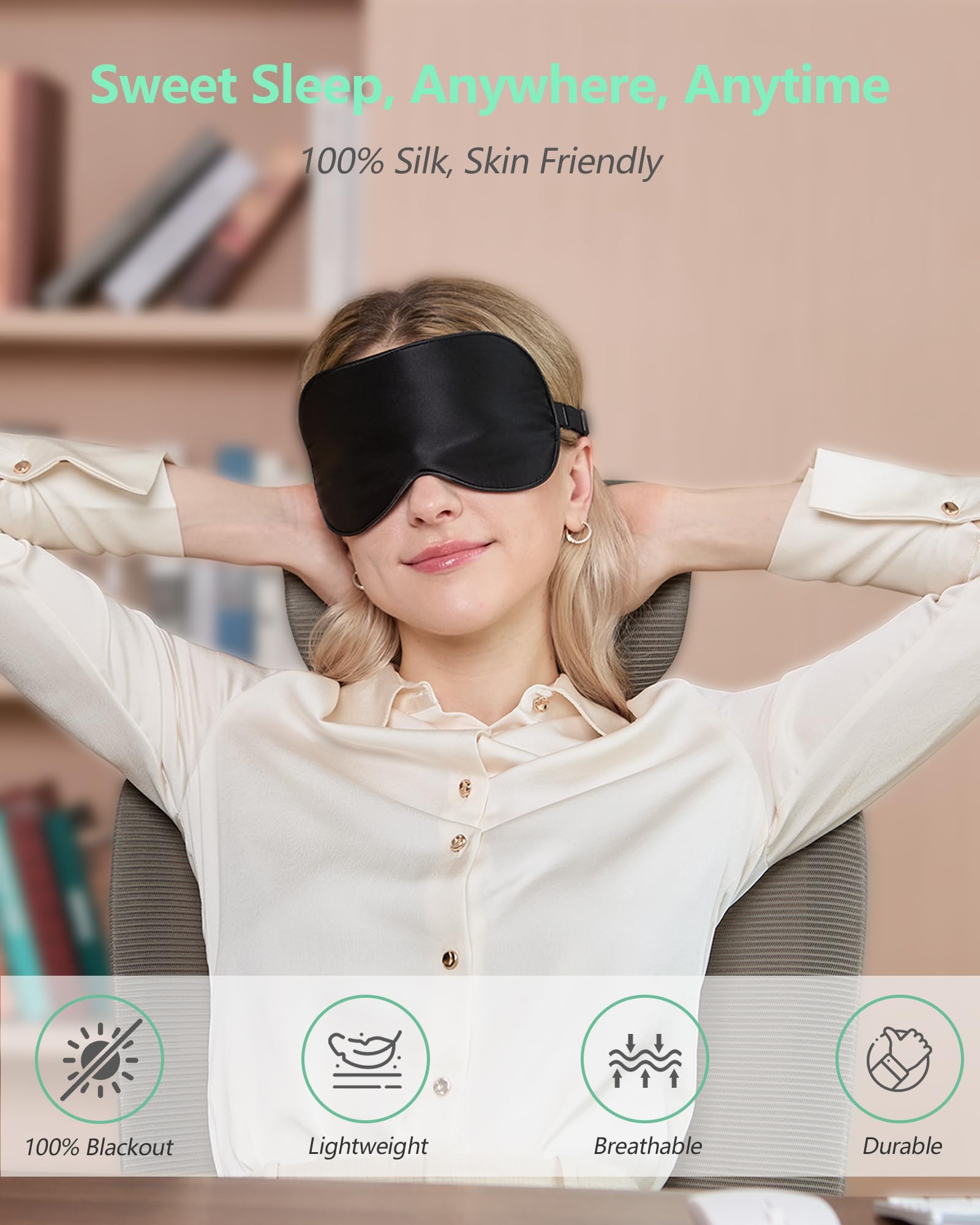 BeeVines Silk Sleep Mask for Men, 2 Pack 100% Natural Mulberry Silk Eye Mask with Adjustable Strap, Sleeping Aid Blindfold for Nap, Soft Eye Sleep Shade Cover, 100% Blocks Light Reduces Puffy Eyes (Black)