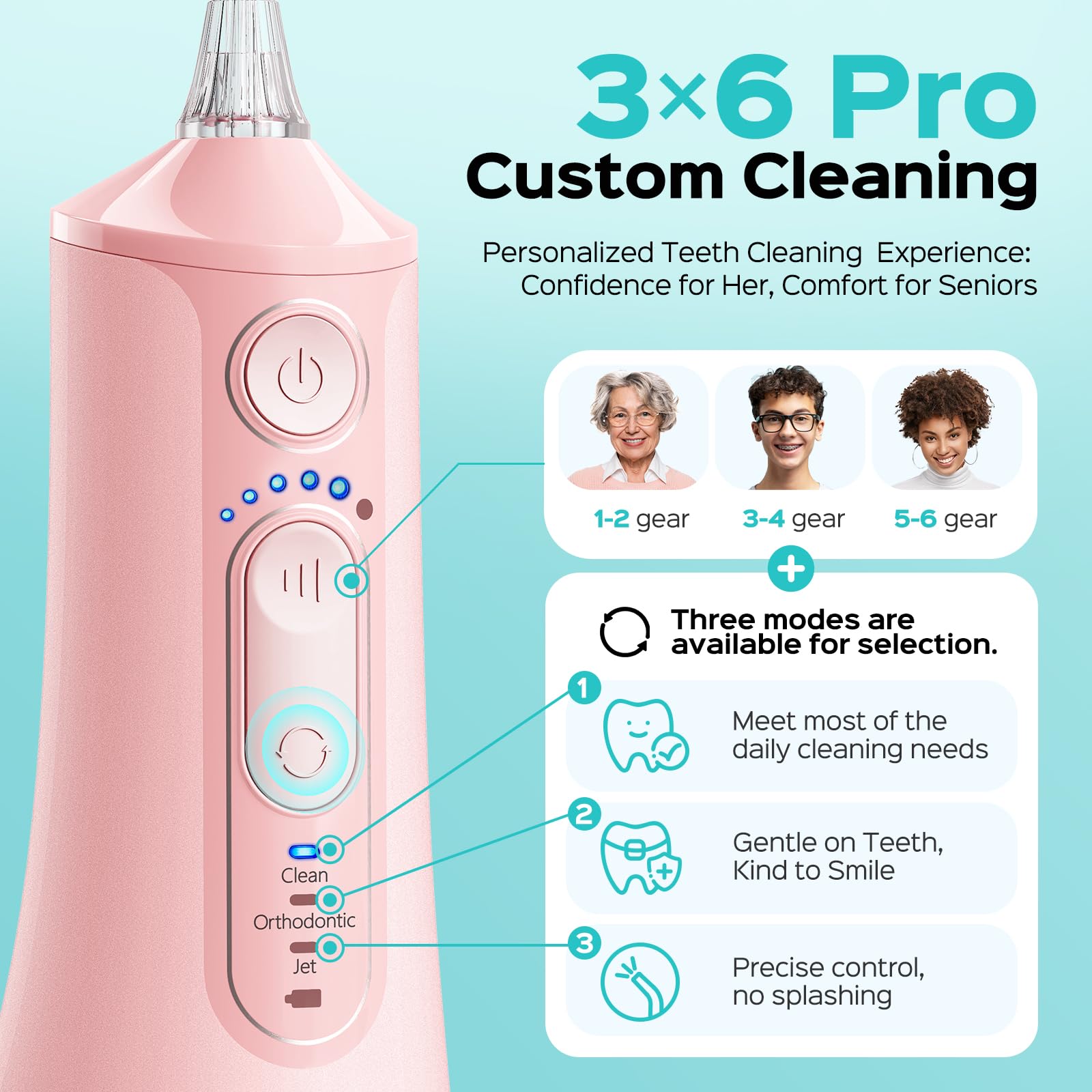 COSLUS C51 Portable Water Teeth Flosser: 3 Modes & 6 Pressure Settings for Whole Family Various Cleaning Need, Jet Mode for Beginner-Friendly, Compact for Travel, 300ml Tank, IPX7 Waterproof, Pink - Available at All In One Marketplace Canada