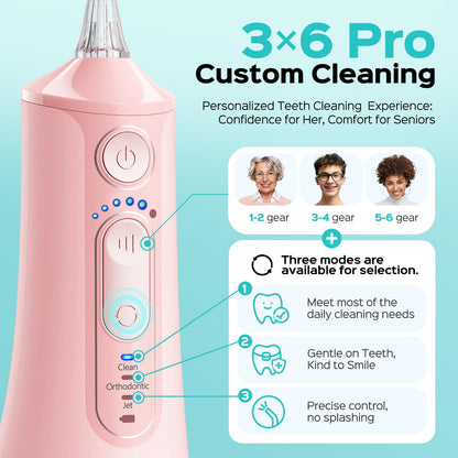COSLUS C51 Portable Water Teeth Flosser: 3 Modes & 6 Pressure Settings for Whole Family Various Cleaning Need, Jet Mode for Beginner-Friendly, Compact for Travel, 300ml Tank, IPX7 Waterproof, Pink - Available at All In One Marketplace Canada