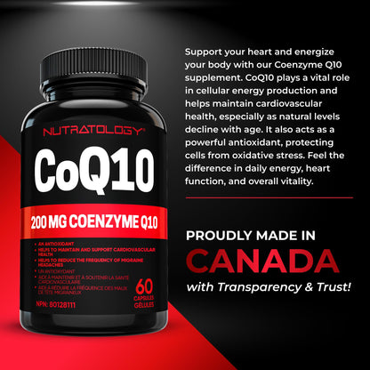 Nutratology® Coenzyme Q10 (CoQ10) 200MG - Cardiovascular Health Support - Antioxidant for Heart Health - Helps Reduce the Frequency of Migraines - CoQ10 Supplement - 60 Capsules - Available at All In One Marketplace Canada