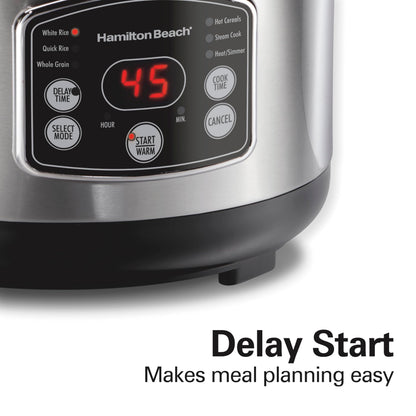 Hamilton Beach Digital Programmable Rice Cooker & Food Steamer, 14 Cups Cooked (7 Cups Uncooked), Stainless Steel, Steam & Rinse Basket, Delay Start, Model 37548MN - Available at All In One Marketplace Canada