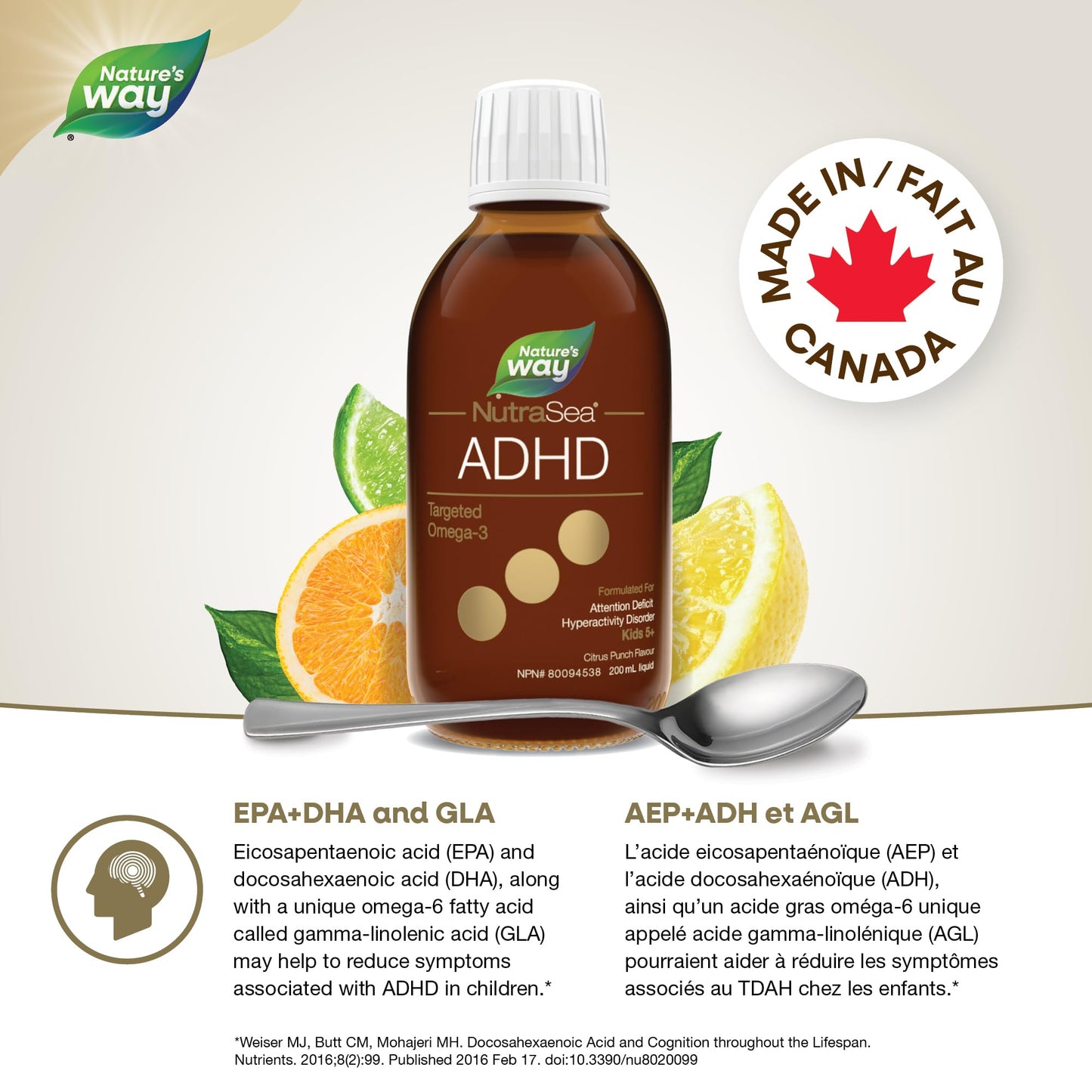 Nature's Way NutraSea ADHD Targeted Omega-3, For kids age 5+, 940 mg of EPA + DHA, 80 mg of GLA, 500 IU Vitamin D3, 200 ml Liquid - Available at All In One Marketplace Canada