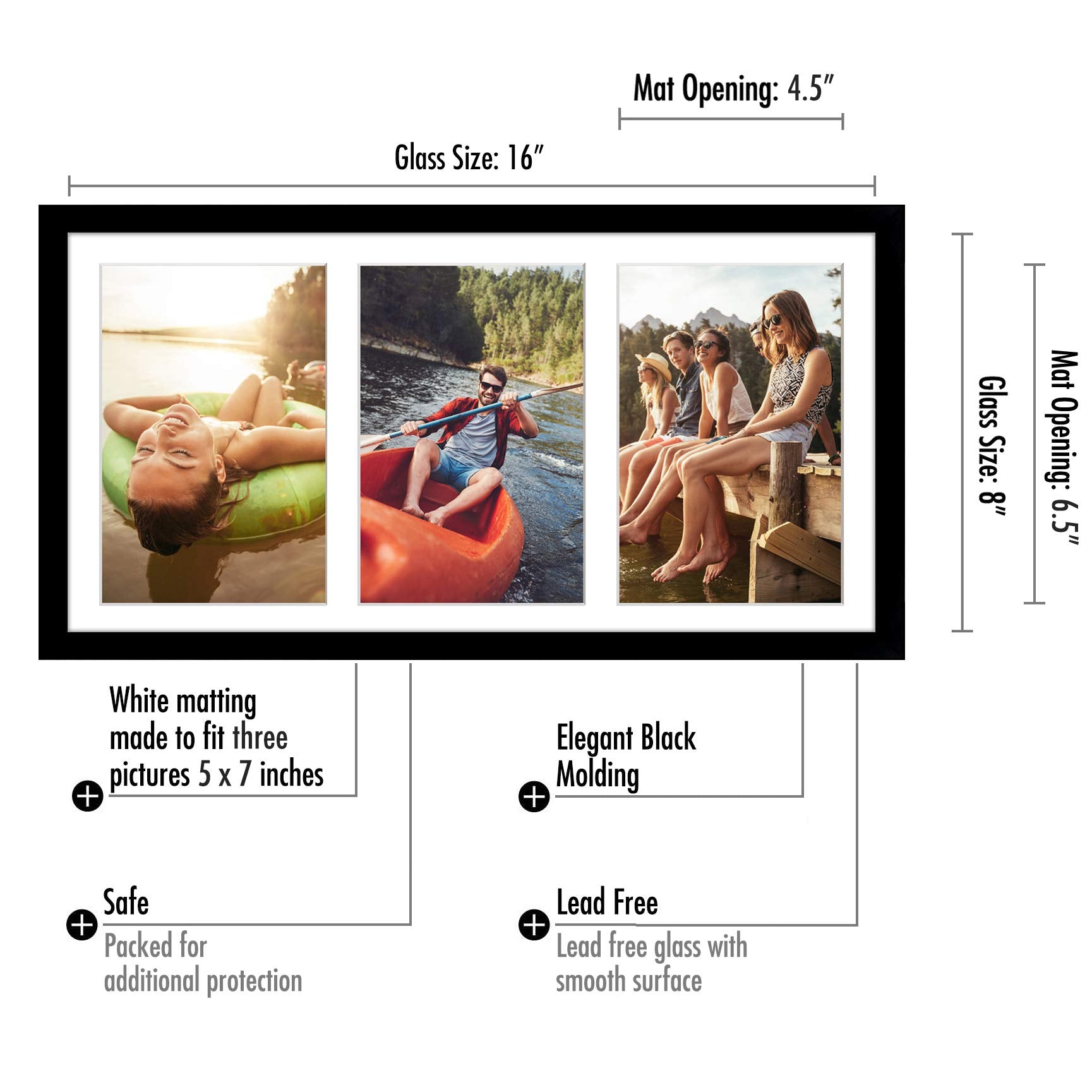 Americanflat 5x7 Picture Frame Collage with Shatter-Resistant Glass - Fits Three 5x7 Photos or Use as One 8x16 Frame - Signature Collection - Collage Frames for Tabletop and Wall Display - Black Americanflat