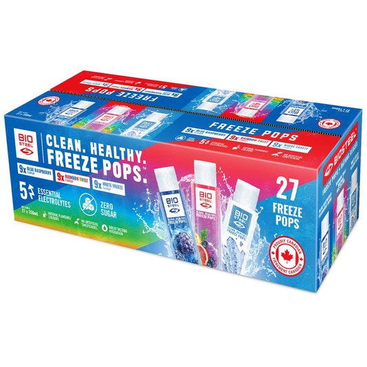 BioSteel Electrolyte Freeze Pops, 27 Count – Zero Sugar Sports Hydration, 5 Essential Electrolytes, No Artificial Colours or Sweeteners, Caffeine-Free | Blue Raspberry, Rainbow Twist & White Freeze
