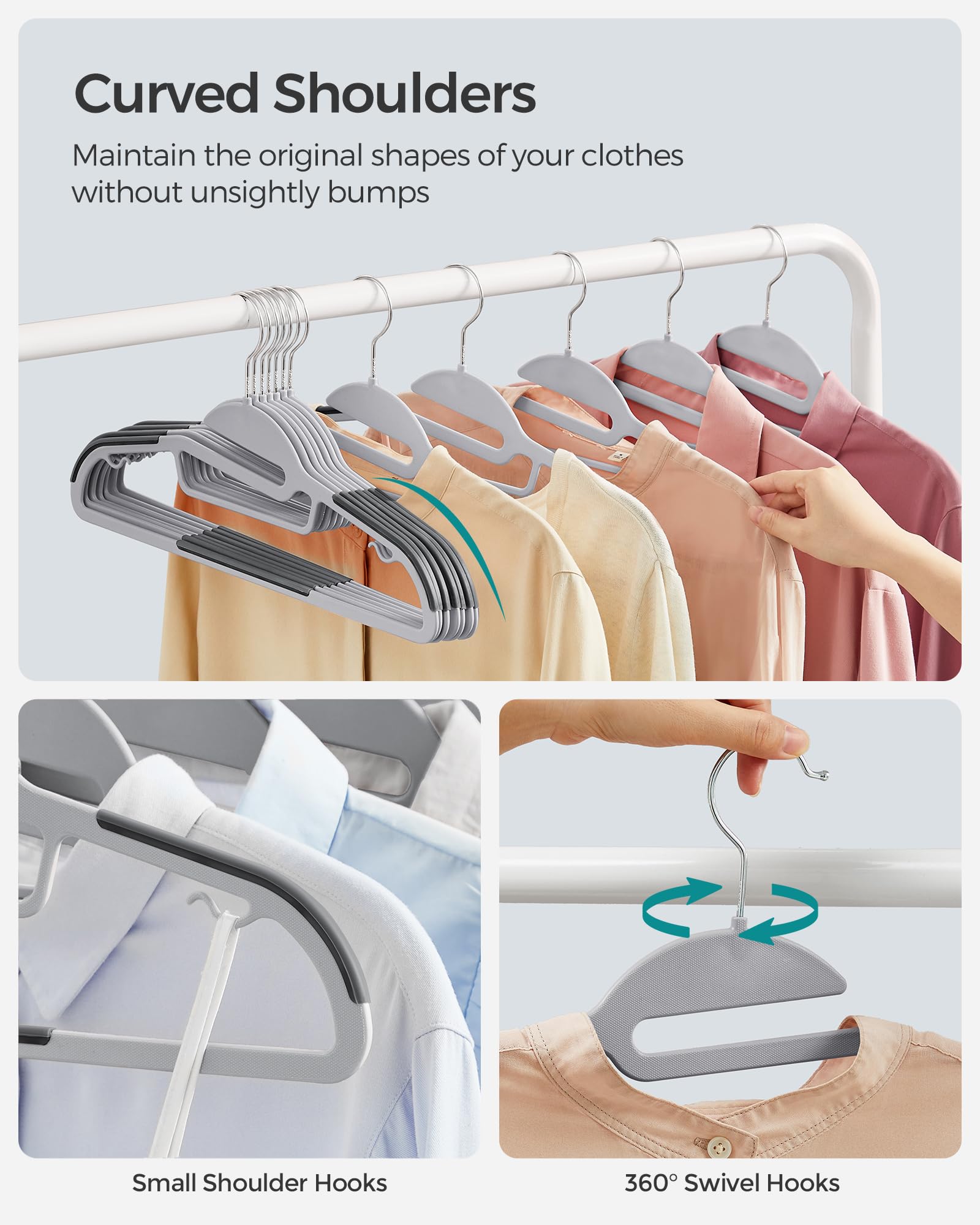 SONGMICS 50 Pack Coat Hangers, Heavy-Duty Plastic Suit Hangers, S-Shaped Opening, Non-Slip, Space-Saving, 360º Swivel Hook, 16.3 Inches Long, Light Gray and Dark Gray UCRP41G-50 SONGMICS