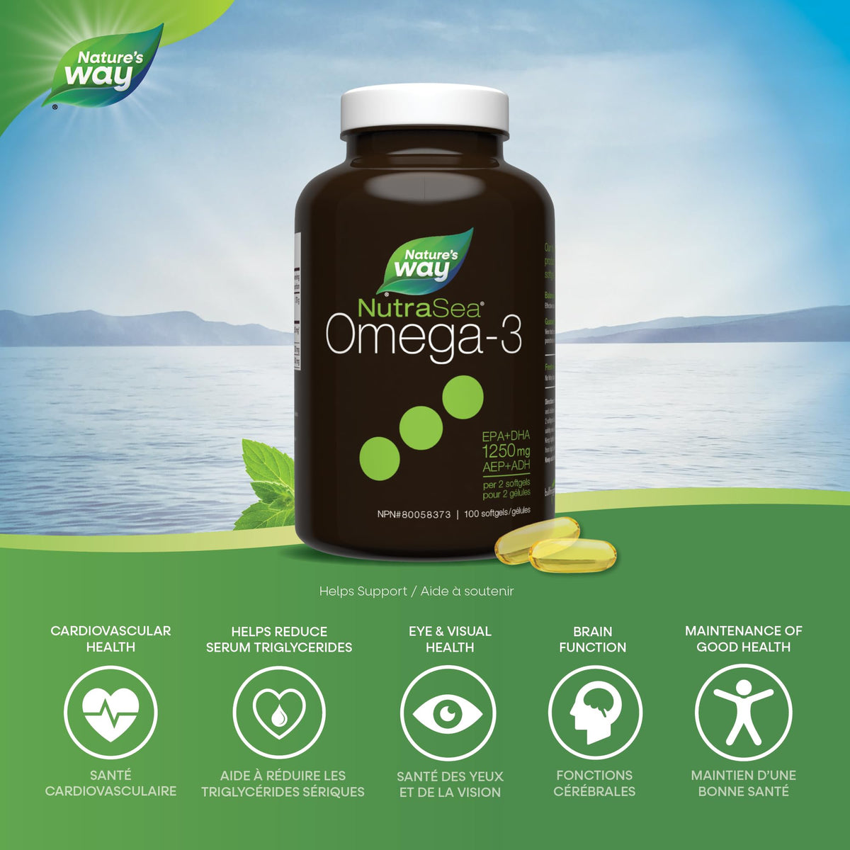 Nature's Way NutraSea Omega 3 Fish Oil Softgels Supplement for Adults and Kids Ages 6+ – Fresh Mint Flavour – Heart & Brain Support – 1250mg EPA & DHA, 100 Softgels