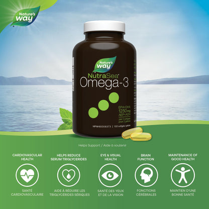 Nature's Way NutraSea Omega 3 Fish Oil Softgels Supplement for Adults and Kids Ages 6+ – Fresh Mint Flavour – Heart & Brain Support – 1250mg EPA & DHA, 100 Softgels