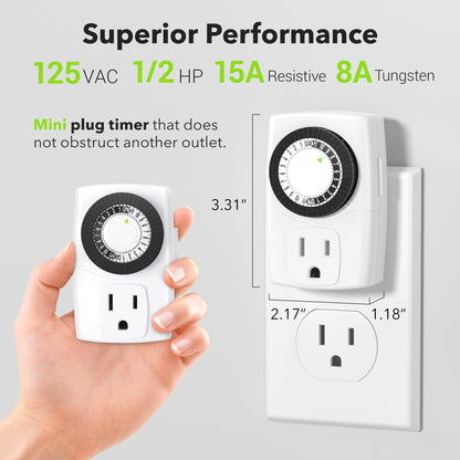 BN-LINK BND-60/U47 Indoor Mini 24-Hour Mechanical Outlet Timer, 3-Prong, 2-Pack - Available at All In One Marketplace Canada