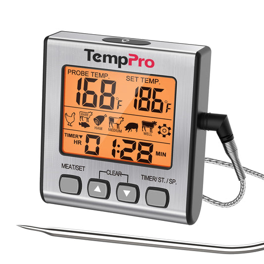 TempPro Digital Meat Thermometer for Cooking and Grilling, BBQ Food Thermometer with Backlight and Kitchen Timer, Grill Temperature Probe Thermometer for Smoker, Oven, Baking,Oil(Previously ThermoPro) - Available at All In One Marketplace Canada