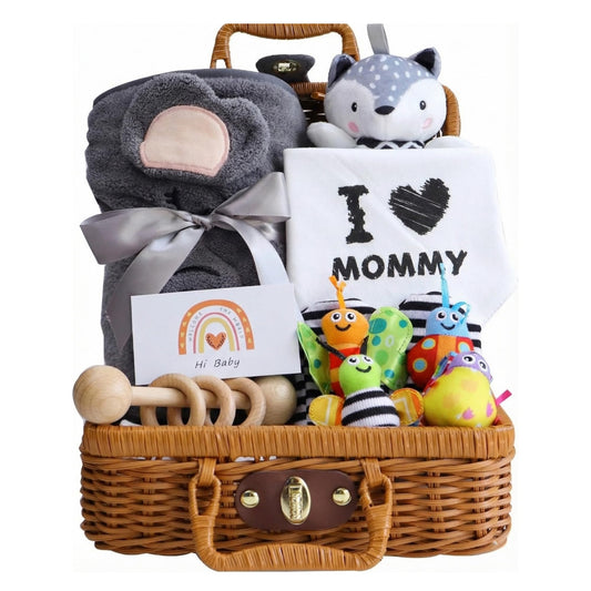 10-Piece Baby Gift Set, Ready to Gift Baby Shower Gifts Basket for Newborn Boys & Girls, Gender Neutral Newborn Essentials with Elephant Swaddle Blanket, Bibs,Wrist & Sock Rattles for Gender Reveals,Birthdays,Christmas 🍁 All In One Marketplace Canada