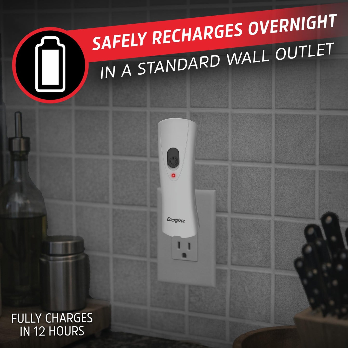 Energizer Weatheready Rechargeable Compact Handheld Light, Plug-in Rechargeable LED Light, Automatic Turn-On Emergency Flashlight, Built-in Rechargeable Battery Included, 3 Count