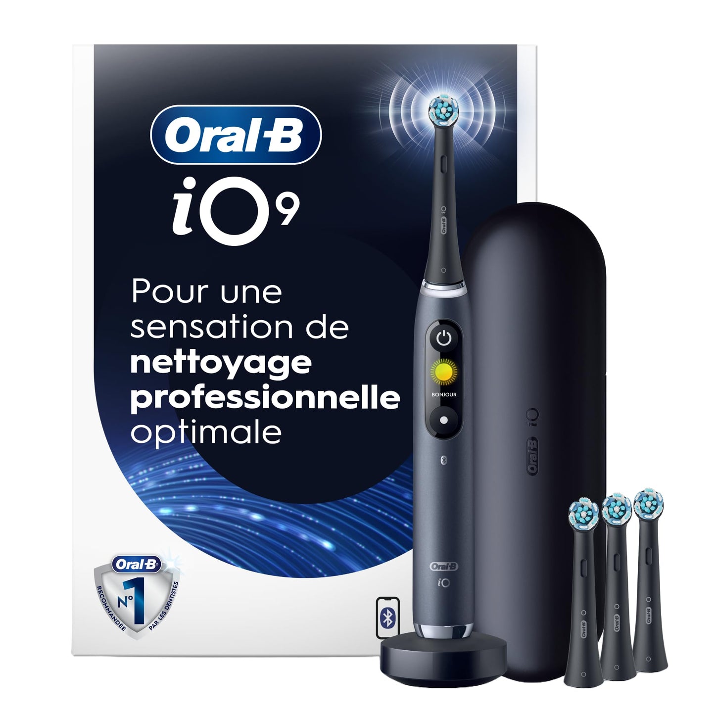 Oral-B iO9 Electric Toothbrush, for the Ultimate Professional Clean Feel, Black Onyx, Rechargeable Electric Toothbrushes, iO Series 9 with 1 Power Toothbrush, 4 Brush Heads, and 1 Charging Travel Case Oral-B