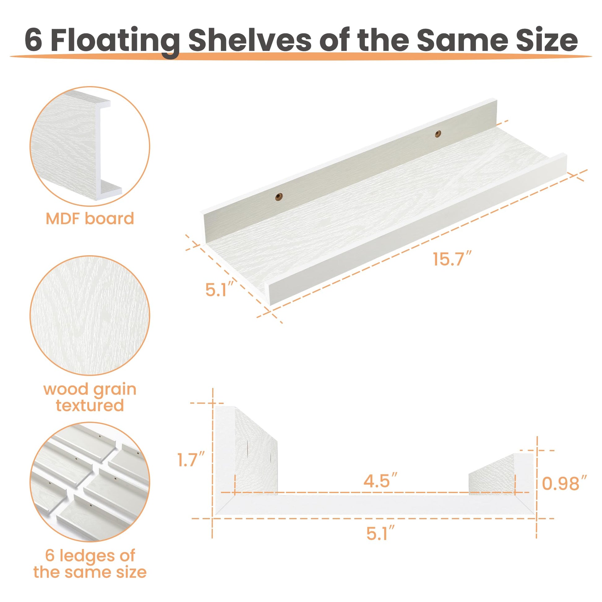 upsimples Floating Shelves for Wall, Decor Storage Set of 6, Wall Mounted Wood Shelves for Bedroom, Living Room, Bathroom, Kitchen, Picture Ledge Shelves, White