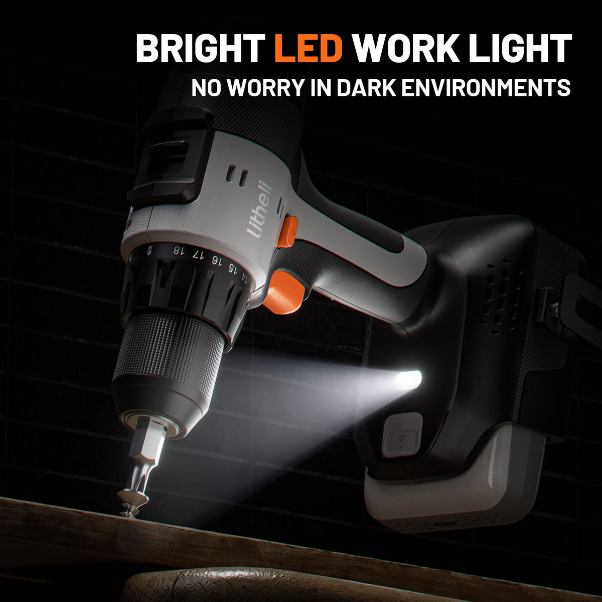 Litheli 20V Cordless Drill Driver, Electric Power Drill with 2 Variable Speed Settings, 1/2 Inch Keyless Chuck, 21+1 Clutch Settings with Maximum Torque of 443 in-lbs