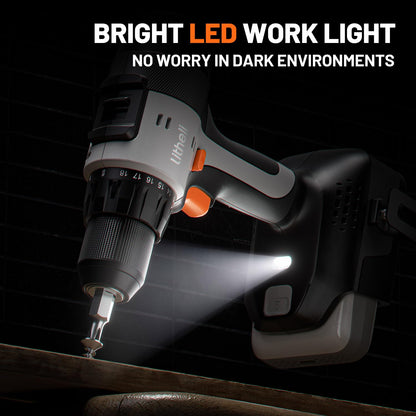 Litheli 20V Cordless Drill Driver, Electric Power Drill with 2 Variable Speed Settings, 1/2 Inch Keyless Chuck, 21+1 Clutch Settings with Maximum Torque of 443 in-lbs