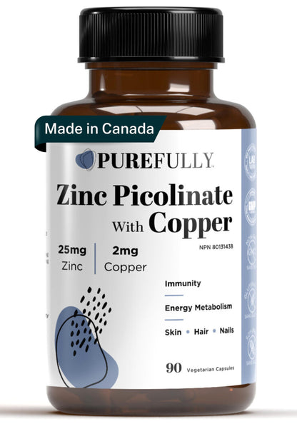 PUREFULLY Zinc Picolinate 25mg with Copper 2mg Capsules - Multi-Mineral Zinc with Copper Supplement for Immune Support - Vegan, Gluten Free (90 capsules) - Available at All In One Marketplace Canada