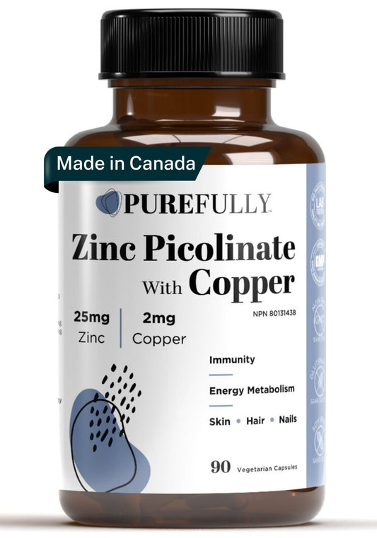 PUREFULLY Zinc Picolinate 25mg with Copper 2mg Capsules - Multi-Mineral Zinc with Copper Supplement for Immune Support - Vegan, Gluten Free (90 capsules) - Available at All In One Marketplace Canada