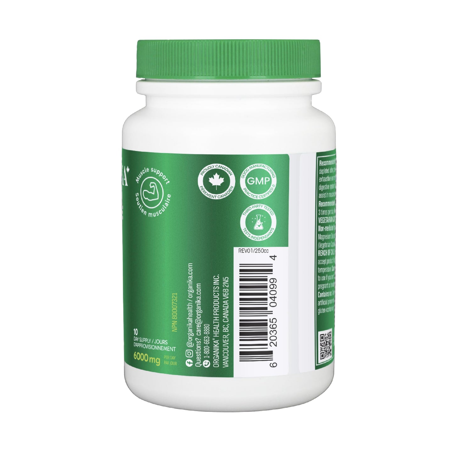 Organika Canadian-Made L-Glutamine - High-Absorption Formula - For Better Immune Defense, Muscle Recovery and Gut Health | 500mg 120vcaps Organika