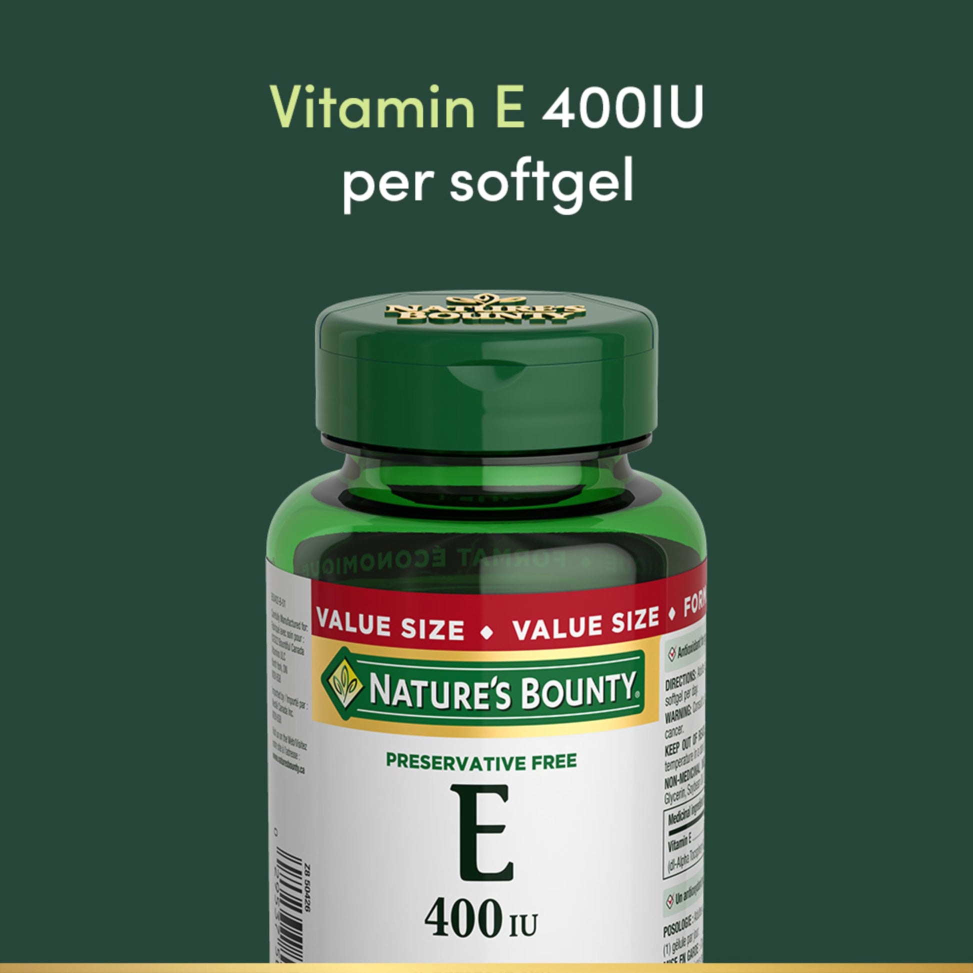 NATURE'S BOUNTY Vitamin E, 400 IU, Antioxidant, Preservative Free, 200 Softgels, 134 g - Available at All In One Marketplace Canada