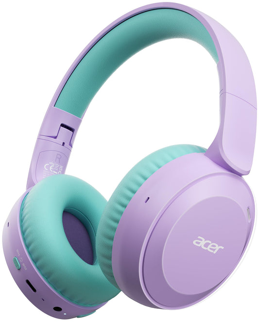 acer Kids Bluetooth Headphones, 85/94dB Volume Limiter, Foldable Wireless Over-Ear Headphones for iPad, Travel, 60H Playtime, Bluetooth 6.0, Built-in Mic, Purple Green, OHR668