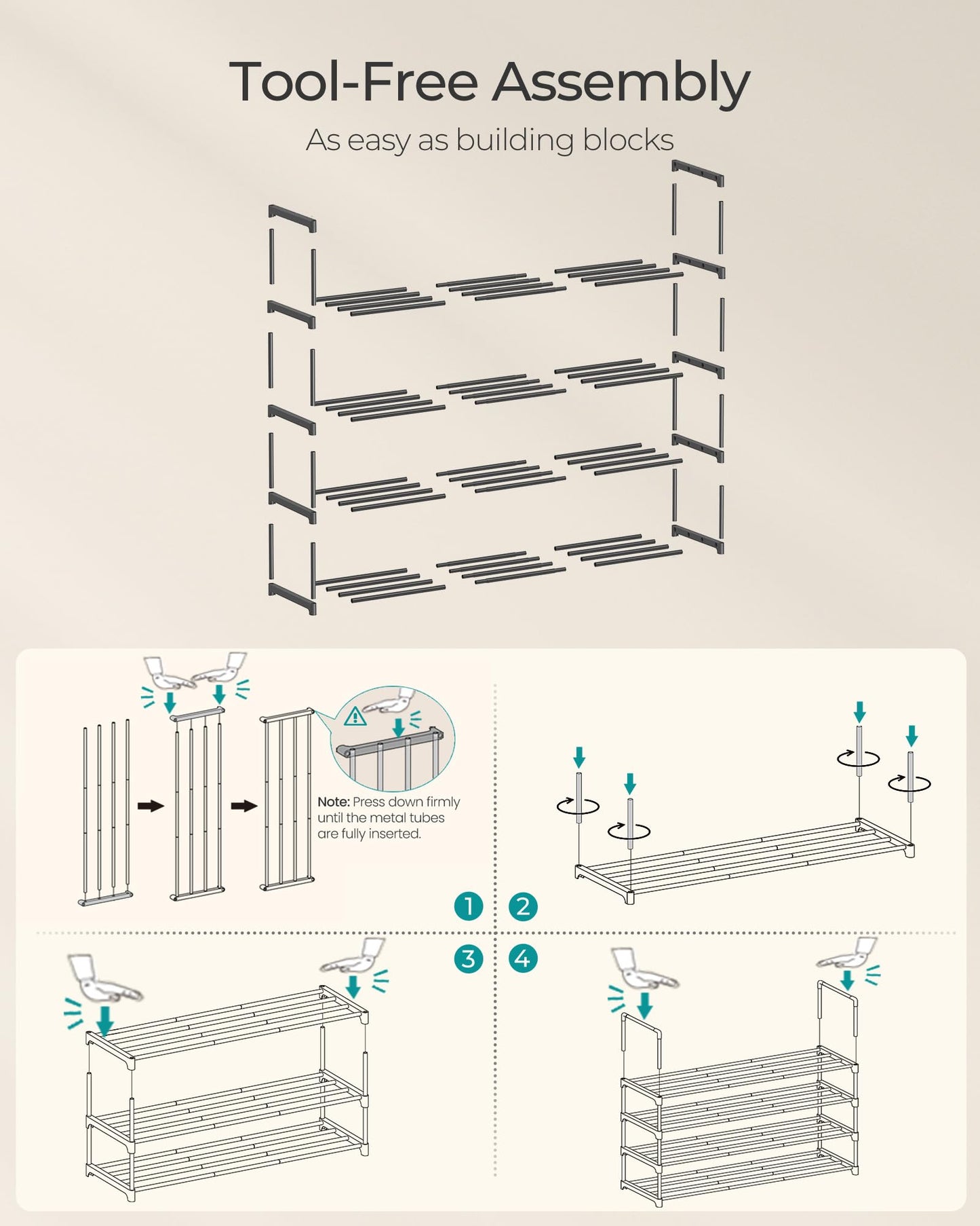 SONGMICS Shoe Rack, 4-Tier Shoe Organizer, Sturdy Storage Shelf, Upright or Upside Down, for 20-25 Pairs, Stackable, for Entryway, 30 x 92 x 75 cm, Black ULSA14BK