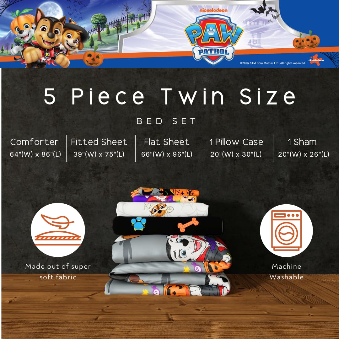 Parure de lit 5 pièces pour enfants Halloween Pat' Patrouille, ensemble de couette réversible et draps ultra-doux et confortables avec taie d'oreiller, lit simple, (produit sous licence officielle) par Franco