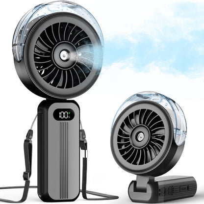 Otlonpe Handheld Misting Fan Portable, Powerful 4 High Speeds Rechargeable Small Hand Held Fan Water Mist, 4000mAh Battery Operated, Foldable, Lanyard, Personal Cooling for Travel (BLACK) - Available at All In One Marketplace Canada
